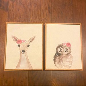 “Woodland Critters With Floral Headbands” 2-piece Wall Plaque Art Set Deer & Owl